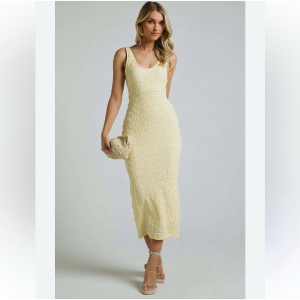 Showpo US 14 Novida Midi Dress Butter Yellow Textured Bodycon Cocktail Stretch